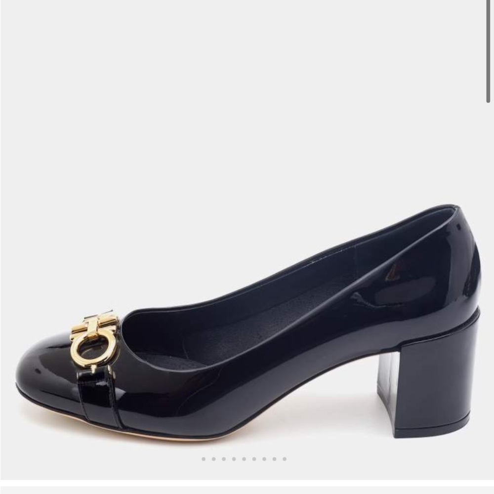 Salvatore Ferragamo Black Glossy Heels with Gold Accent